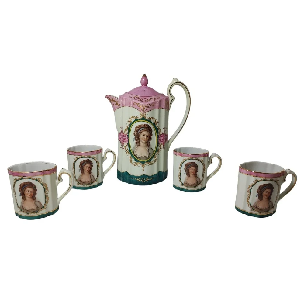 Vintage Royal Vienna Chocolate Pot with Four Cups Set Victorian Woman Pink Tea‎